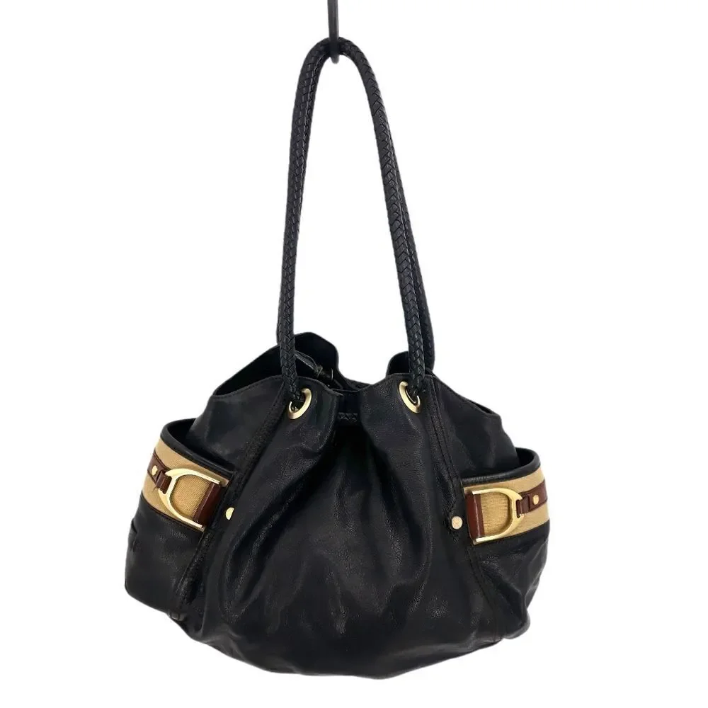 Cole Haan Hobo‎ Bag Leather Braided Grommets Genevieve Denny Black